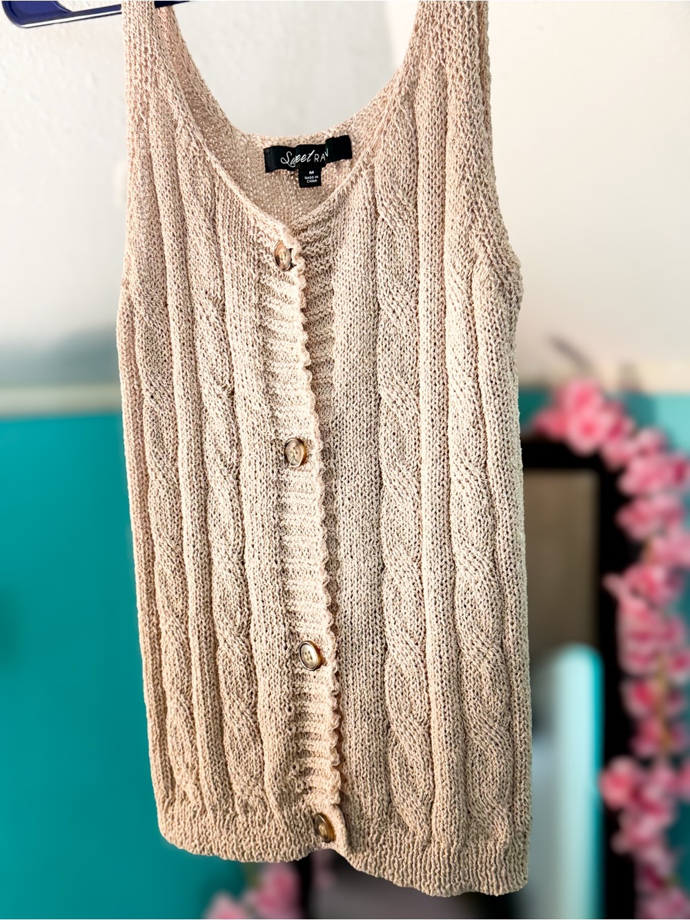 Sweet Rain Beige Cable-Knit Button-Front Sweater Vest
